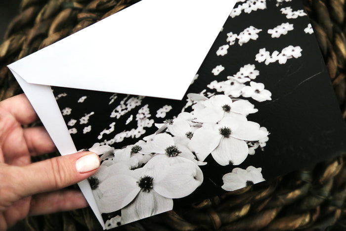 Notecards press printed on watercolor with fine art photo of dogwood blossoms