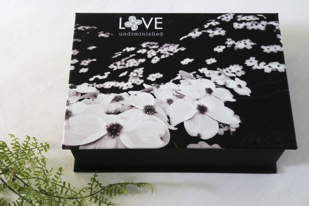 Love Undiminished black and white photo cover keepsake box with dogwood blossoms