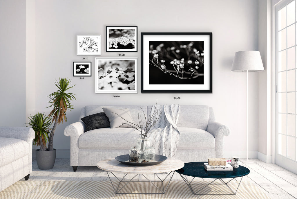 Size comparison of framed photographic wall art shown with furniture and interior decor