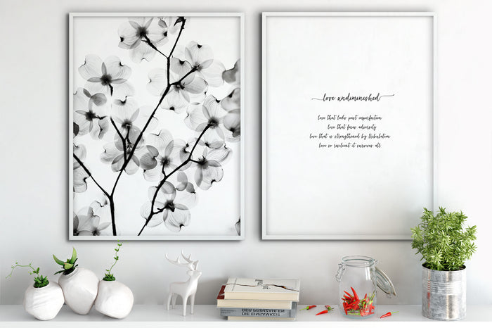 Black and white dogwood print paired with graphic print love undiminished shown with interior decor